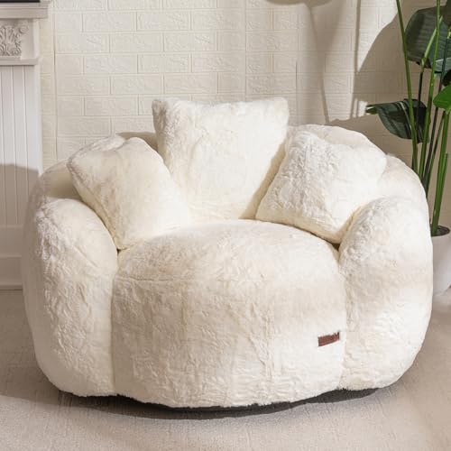 MAXYOYO Bean Bag Chair for Adults, Floral Shaped Bean Bag Sofa, Ultra Soft Faux Fur Floor Sofa, Large Reading Chair for Living Room Bedroom, Beige, Single