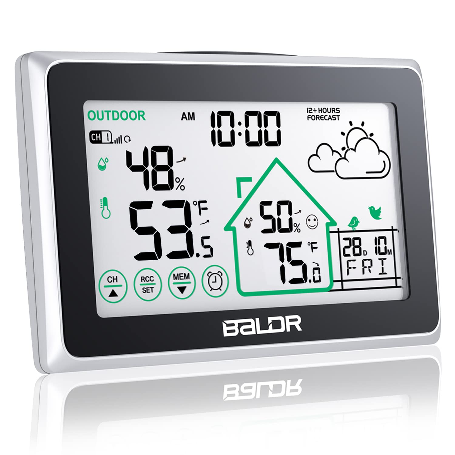 BALDR Weather Station, Atomic Clock Digital Touch Screen Indoor Outdoor Thermometer Wireless Temperature Humidity Monitor with Backlight and Calendar, Home Weather Forecast Station, White