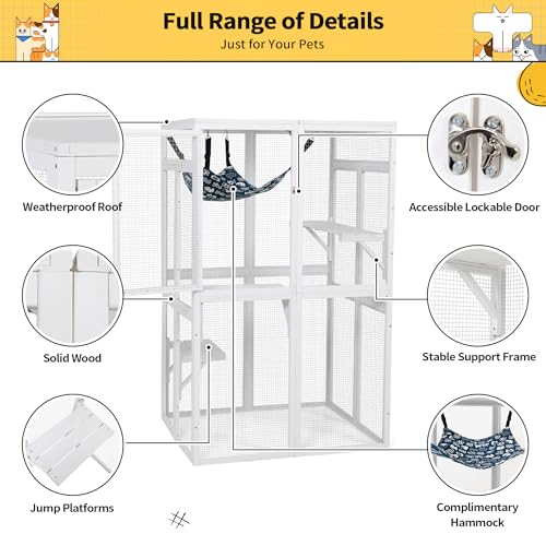 COZIWOW Catio Outdoor Cat Enclosure Window Access, Wooden Cat House Shelter, Kitty Cage with 3 Platforms for Patio Indoor (White)