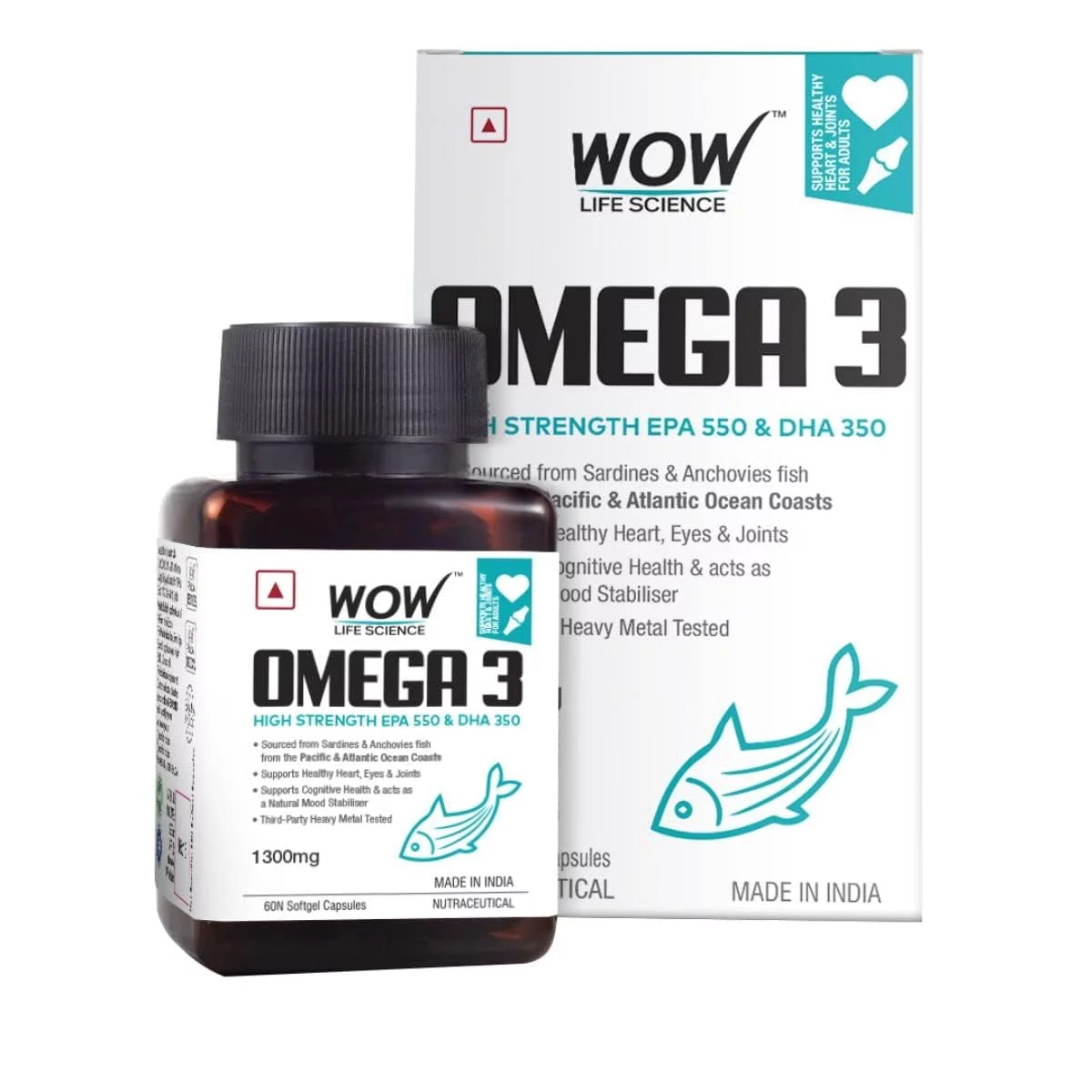 Wow Life Science Omega 3 Fish Oil 1300mg Triple 3X Strength 60 Capsules- 550 mg EPA & 350 mg DHA for Heart, Joints & Brain Health