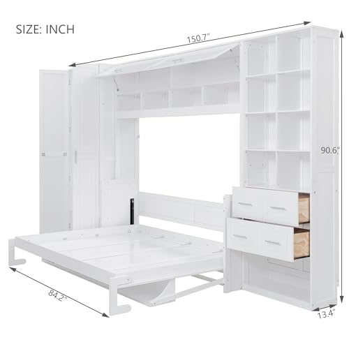 Ball & Cast Queen Murphy Bed with Desk,Foldable Space-Saving Queen Wood Wall Bed with Storage Shelves,Hidden Cabinet Bed Frame with Wood Slats for Bedroom, Home Office,Guest Room,White