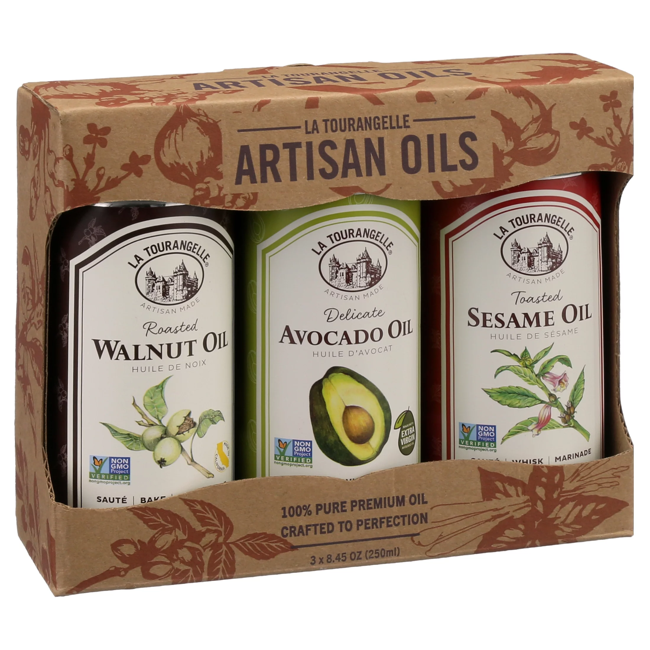 La Tourangelle,Trio of Oils Gift Box - Roasted Walnut, Delicate Avocado, Toasted Sesame Oil, Pack of 3 x 8.45 oz