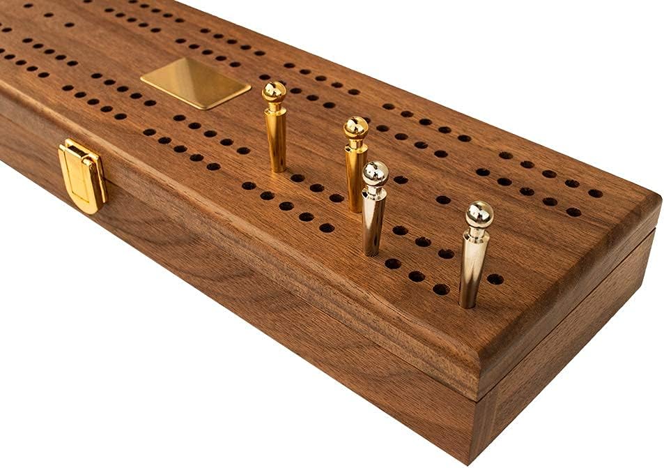 Le Club Luxury Domino Set with Handcrafted Walnut Case and Cribbage / Counter Top - Tournament Quality 28 Indestructible (Domino Set with Brass Plate)