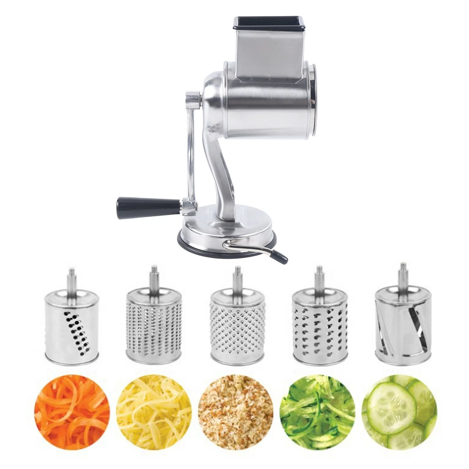 Stainless Steel Food Grater Rotary Drum Slicer Shredder Grinder with 5 Blades