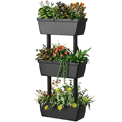 Giantex Planter Raised Bed, 3-Tier Vertical Garden Planter, Freestanding Flower Pot Stand with Well-Drained Inside Structure, Indoor Outdoor Elevated Container Box for Herb Vegetable Planting (Gray)