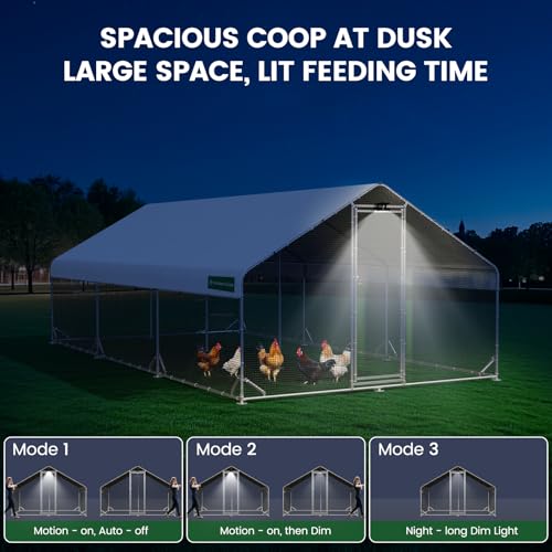 Large Walk-in Metal Chicken Coop with Chicken Run & Hardware Cloth, Solar Light, Waterproof & UV-Resistant Cover, Outdoor Poultry Cage for Farm Use,2 Room