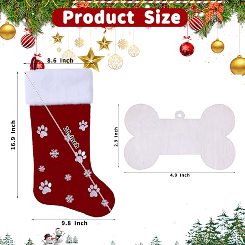 Black Pet Christmas Stockings, 20'' Dog Paw Embroidered Snowflake Pattern Hanging Xmas Stocking with Wooden Bone Tag, Nylon Flock with Plush Cuff Stockings for Xmas Holiday Party Pet Home Décor