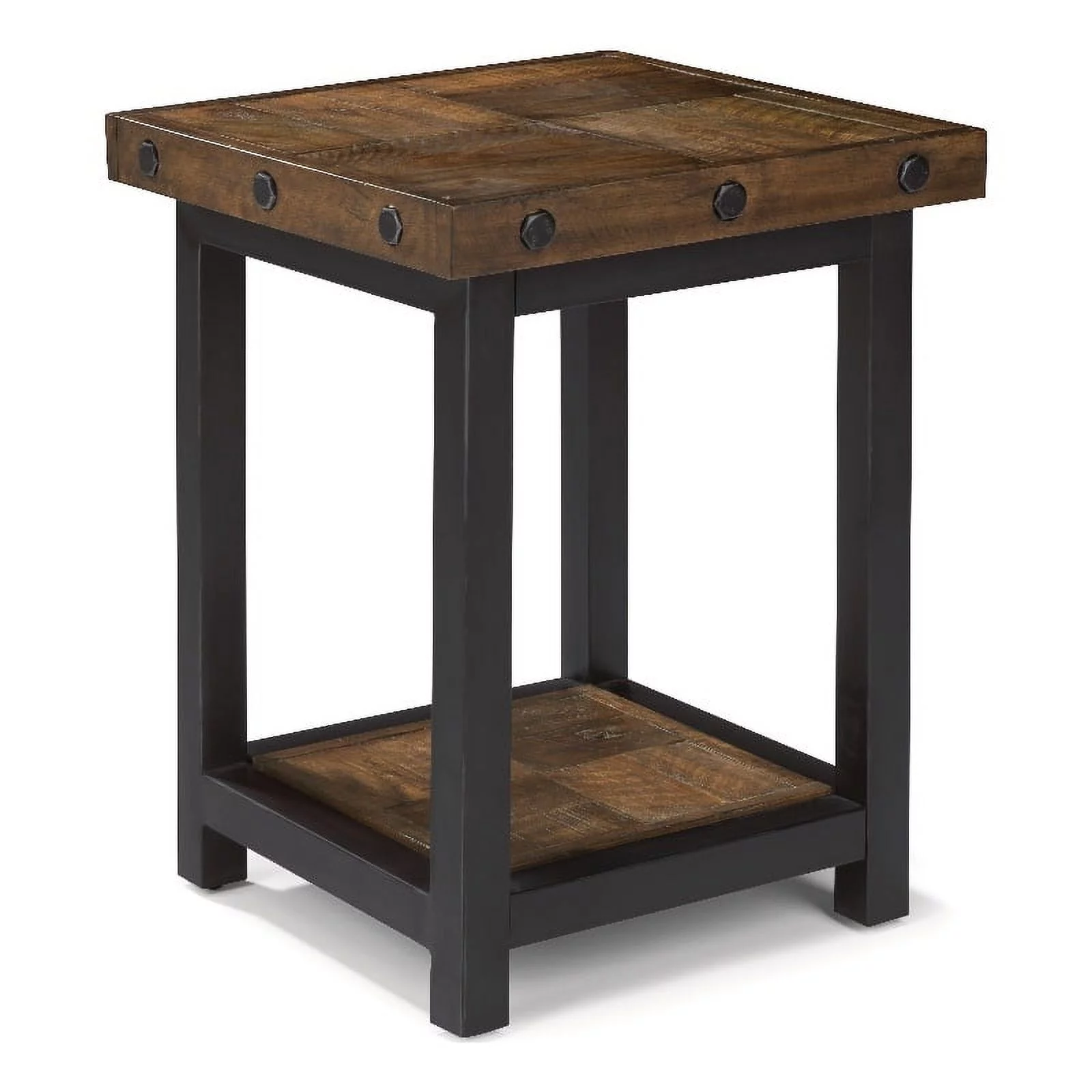 Portman Brown Chairside Table with Metal Frame and Exposed Bolt Heads