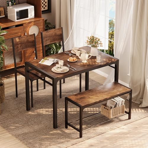 Shahoo Kitchen Table and 2 Chairs for 4 with Bench, 4 Piece Dining Sets for Small Space, Rustic Brown
