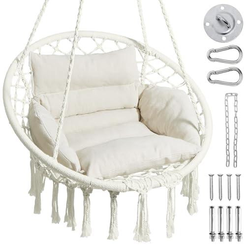 Greenstell Hammock Chair, Macrame Swing Chair with Comfy Cushion, Boho Hanging Chair for Outdoor & Indoor, Perfect for Bedroom, Patio, Balcony, Hold up to 330Lbs, Beige