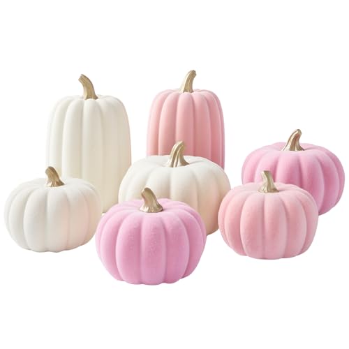 WDS WONDROUS Pumpkins Fall Decoration Thanksgiving Set 7 PCS, Resin Pink and Beige Flocked Pumpkins for Decorating, Artificial Pumpkins Set Gender Reveal Party Fall Decor Tabletop Centerpiece Mantel