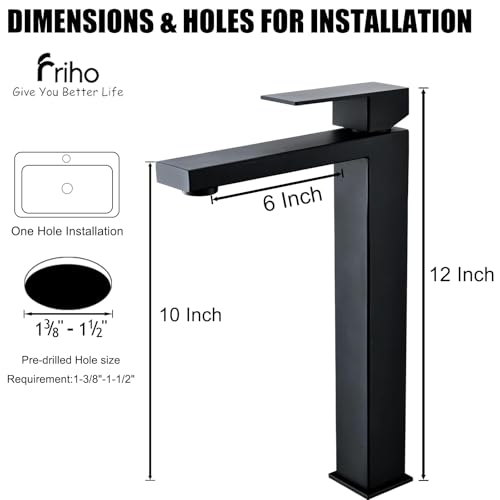 Friho Single Handle Matte Black Tall Bathroom Vessel Sink Faucet, Modern Vanity Basin Mixer Tap Bathroom Sink Faucet with Drain Pop up&Water Hoses, FRDC17914B