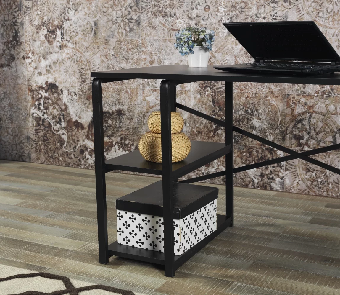 LANTRO JS Furnish Home Store Sage Black Metal Frame 47 Wooden Top 2 Shelves Writing and Computer Desk for Home Office, Black