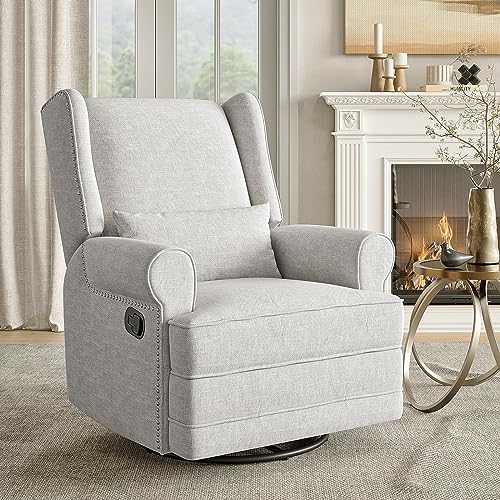 Swivel Nursery Glider Recliner, Comfy Upholstered Glider Chair with Lumbar Pillow and Footrest, Swivel Rocking Chair for Living Room, Beige