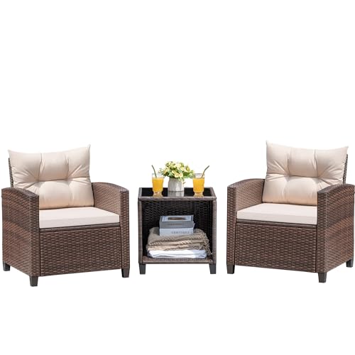 Devoko 3 Pieces Patio Furniture Set, PE Rattan Wicker Patio Set with Two Outdoor Chairs and Table, Upgraded Patio Chairs and Table for Porch, Garden Poolside Balcony