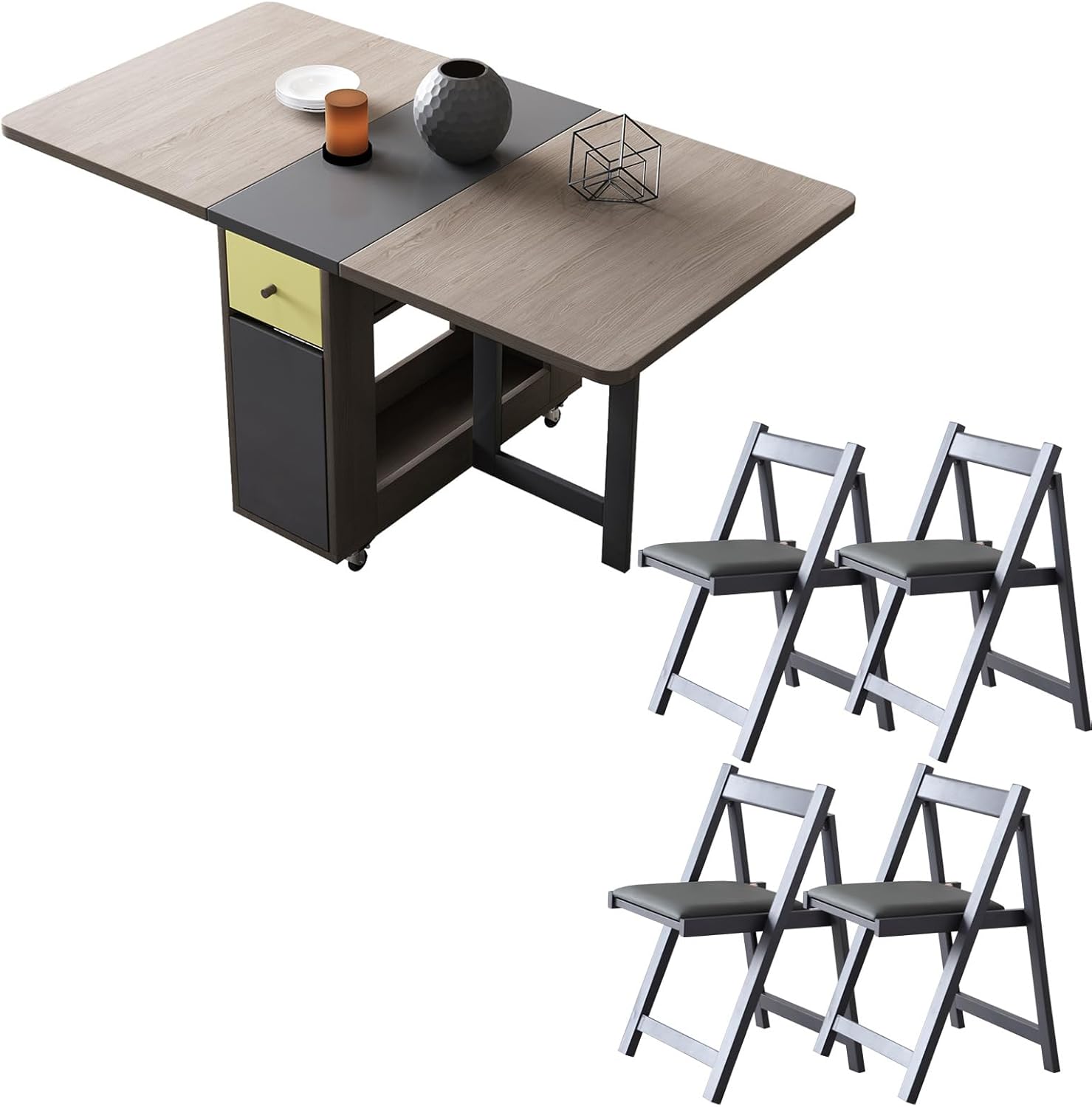 5-Piece Folding Dining Table and Folding Dining Chairs Set, Movable Space Saving Foldable Dining Table and Folding Chairs for Home, Kitchen, Dining Room (Table + 4 Chairs, Grey)