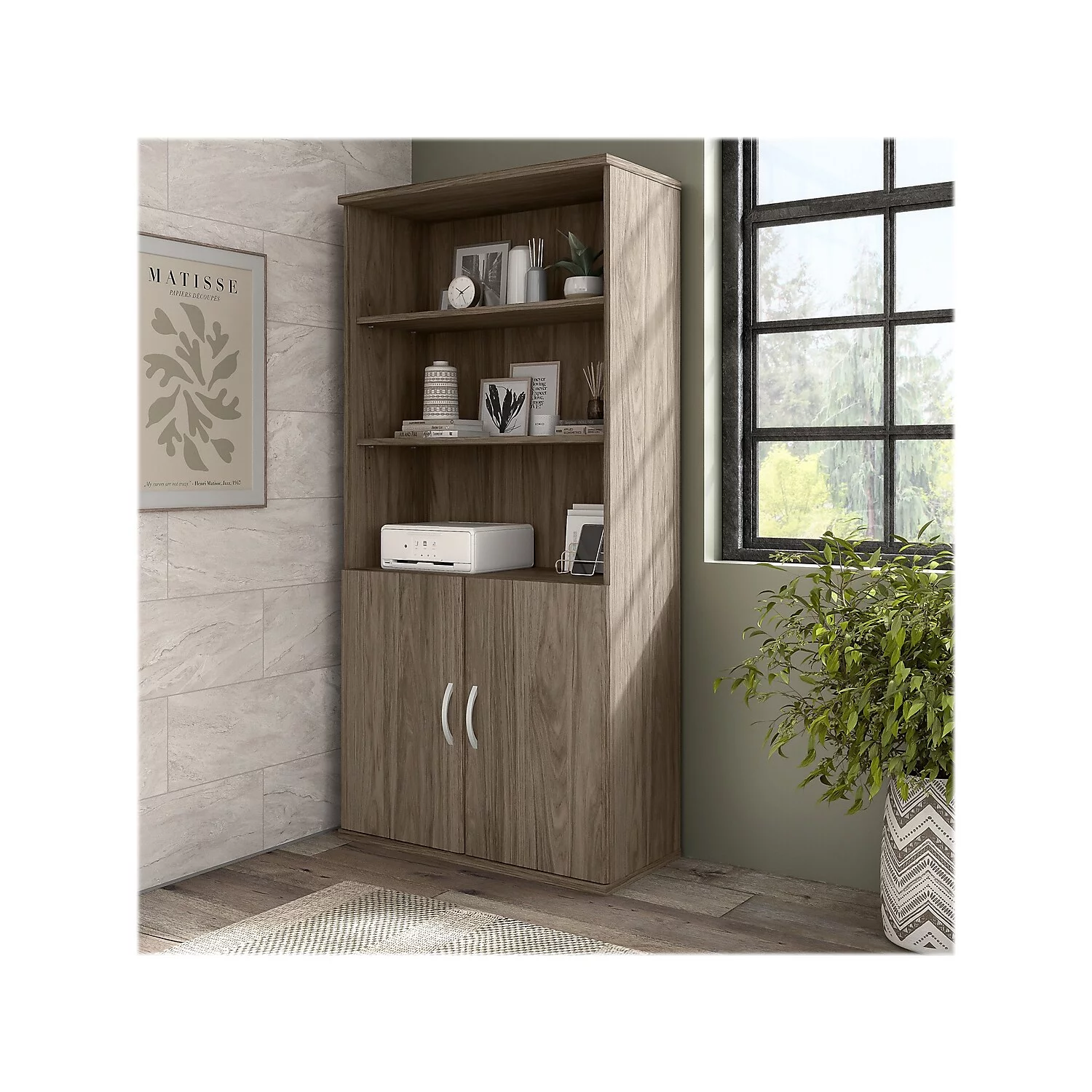 Hybrid Tall 5 Shelf Bookcase with Doors in Modern Hickory - Engineered Wood