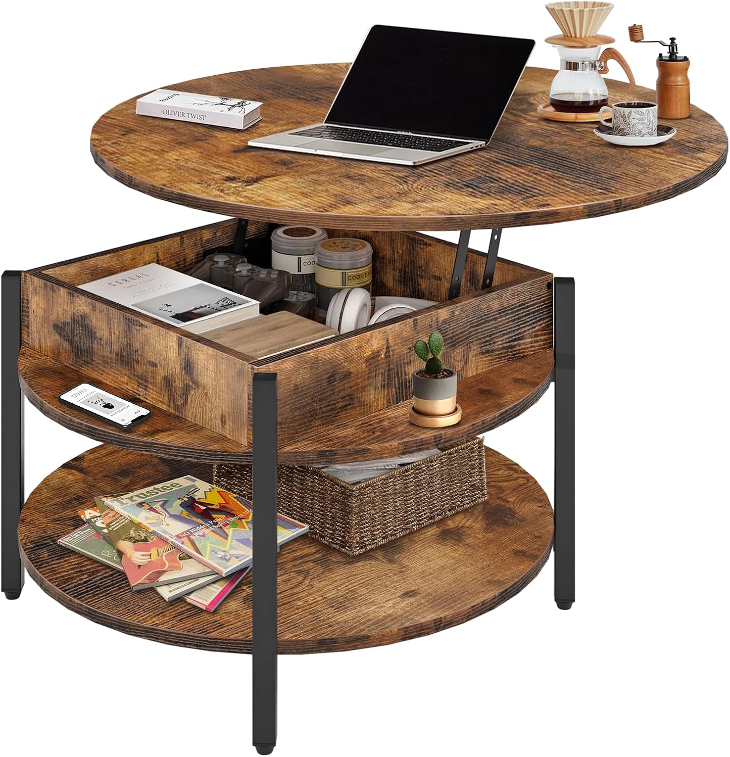 CLATINA Round Lift Top Coffee Table, Farmhouse Wooden Round Coffee Table with Storage and Hidden Compartment for Living Room Home Office Round Center Tables, 35.43 in(Rustic Brown)