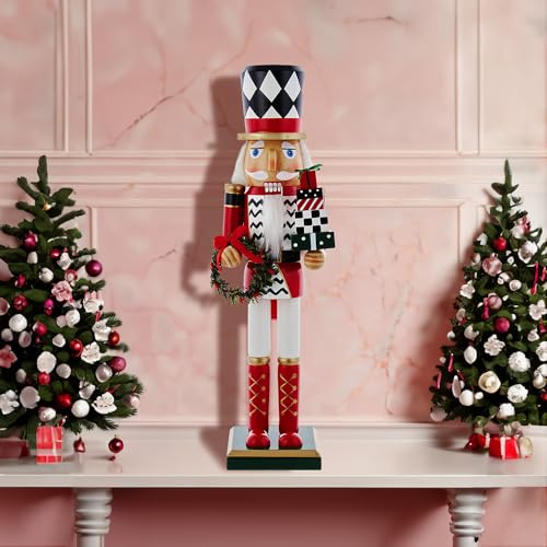 Kurt S. Adler 15-Inch Red, White and Black Nutcracker with Gift Box and Wreath