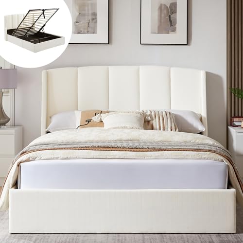 VELOCAVA Queen Size Lift-Up Storage Bed, Modern Upholstered Platform Bed with Hydraulic Lift, Wingback Headboard with Vertical Channel Tufting, Wooden Slats, Easy Assembly, White