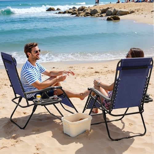 Greesum Zero Gravity Chairs Set of 2 Adjustable Steel Mesh Recliners Beach Deck Lawn Camping Patio Foldable Lounge Chair with Cup Holder Trays and Pillows,Brown