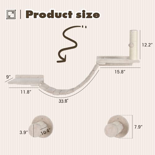 Cat Wall Shelves - 7 Pcs Luxury Wall-Mounted Cat Furniture Set, Including 2 Shelves, 2 Solid Wood Steps, 1 Bridge Ladder, 1 Sisal Scratcher Post, 1 Hanging Ball for Large Cats