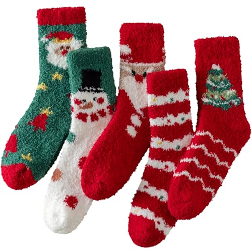 Pleneal Fuzzy Socks for Women - 5 Pairs Womens Christmas Fuzzy Socks, Warm Winter Fluffy Sock Christmas Accessories