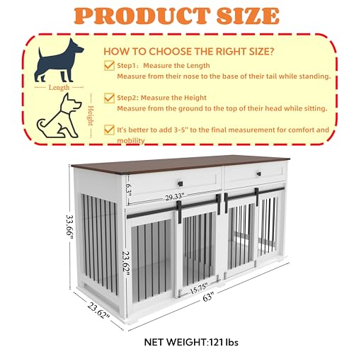 63'' Double Dog Crate Furniture for 2 Dogs, XXL Wooden 2 Dog Kennel, Wooden Dog Kennel with 2 Drawers,Divider and Sliding Door, Indoor Furniture Style Dog Crate End Table, White