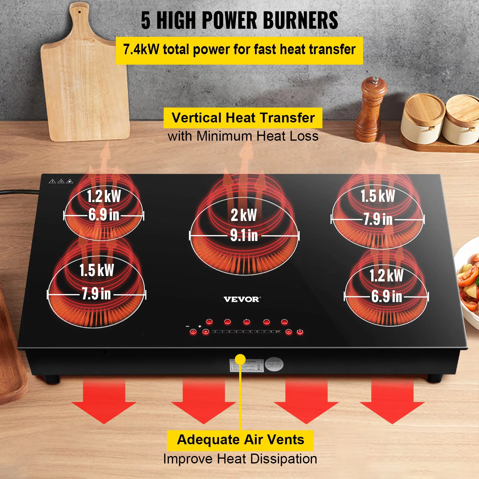 VEVOR Built-in Induction Electric Stove Top 5 Burners,35 Inch Electric Cooktop,9 Power Levels & Sensor Touch Control,Easy to Clean Ceramic Glass Surface,Child Safety Lock,240V