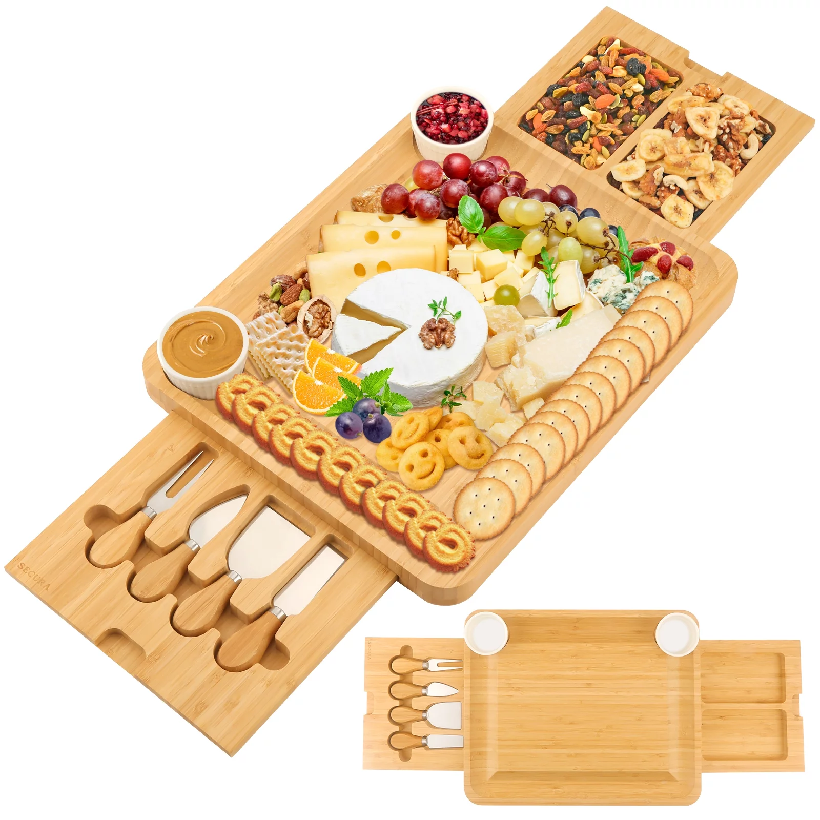 Secura Cheese Board Set, Bamboo Charcuterie Board Meat Platter Serving Tray and Knife Set with 2 Ceramic Bowls, Gift for Mother's Day Easter Thanksgiving Christmas Housewarming Wedding Anniversary