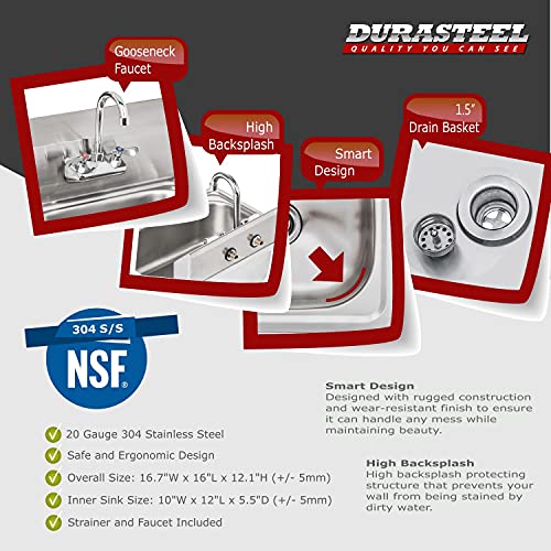 DuraSteel 3 Compartment Under Bar Sink - CEC & NSF 304 Stainless Steel 3 Bay Utility Sink with No Lead Faucet - 60