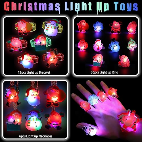 CCINEE 54pack Christmas Party Favors for Kids Light Up Necklace Lighted Rings LED Flash Bracelet Bulk Flashing Light Glow in the Dark Xmas Stocking Stuffers for Christmas Party Supplies