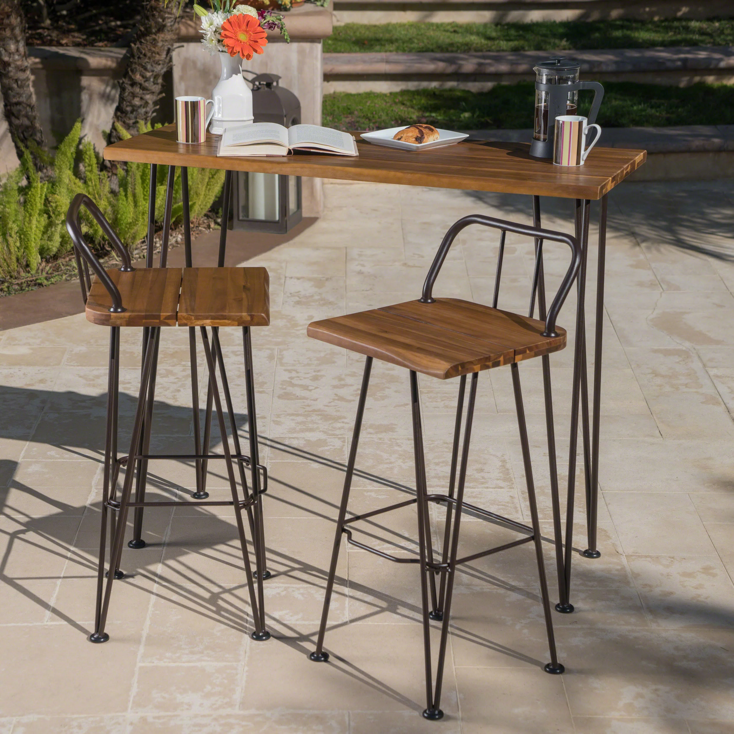 Leonardo Outdoor Industrial Acacia Wood Bar Set with Iron Frame, Teak and Rustic Metal