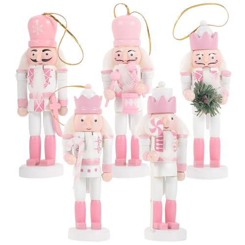 5 Pcs Christmas Nutcracker Ornament Wooden Nutcracker Hanging Decorations 5 Inch Tall Nutcracker Figures for Christmas Tree Pink Christmas Decorations
