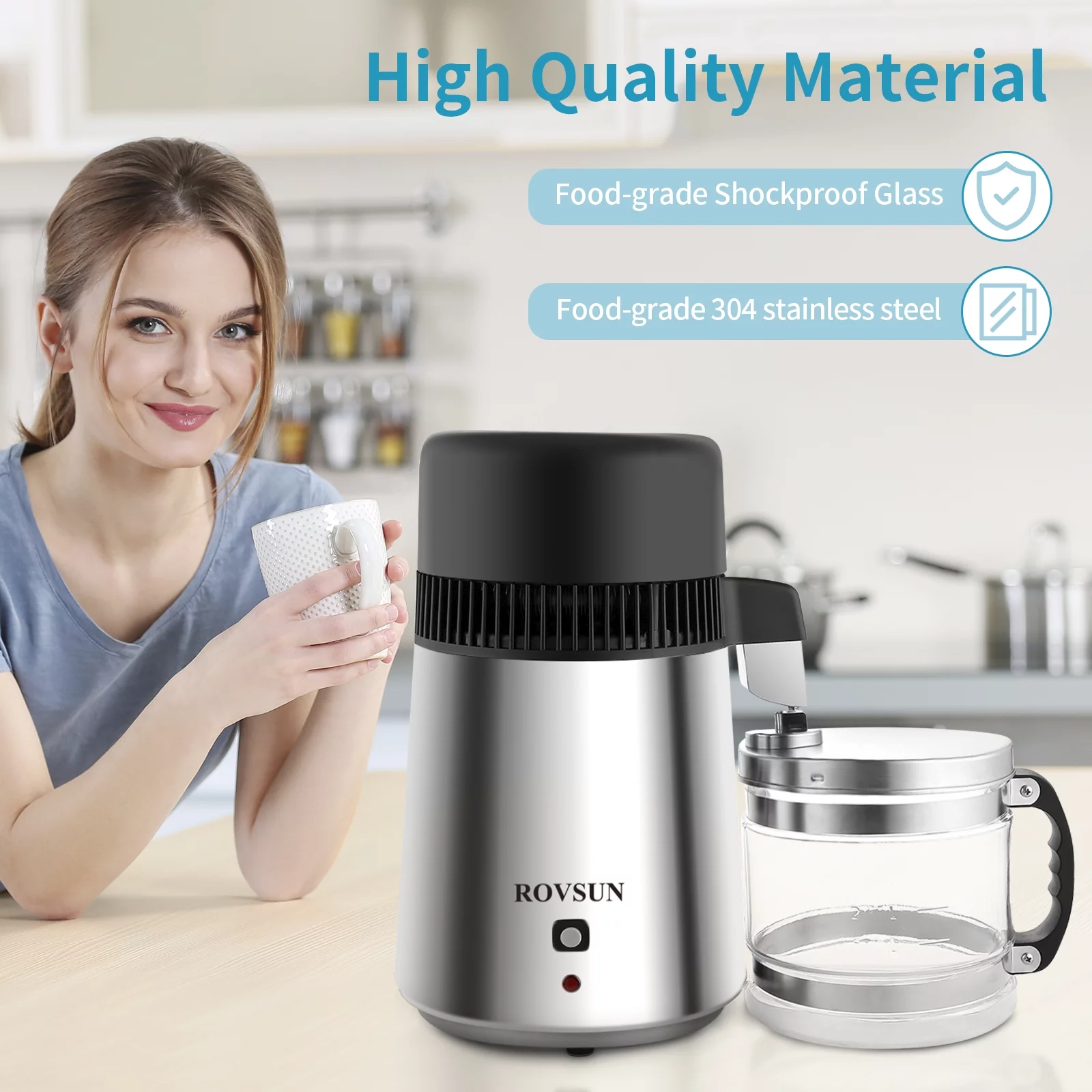 ROVSUN 4L Countertop Water Distiller Machine Stainless Steel for Home, 750W Distilled Water Maker with Glass Container, 1L/H,Silver