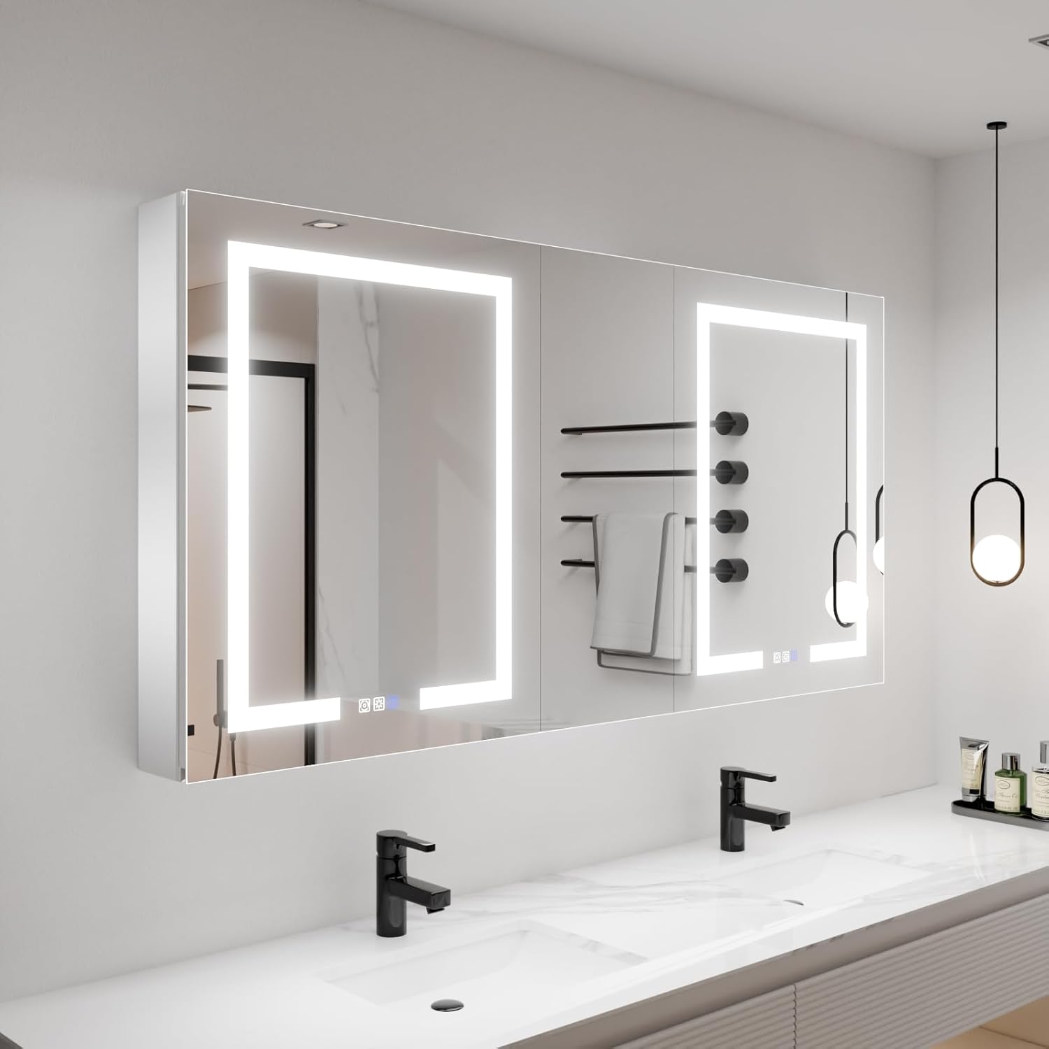 ExBrite LED Lighted Bathroom Medicine Cabinet with Mirror, 60 x 30 Inch, led Medicine Cabinet with Extra Closed Storage Cabinet,Defog, Stepless Dimming,Color Temper Change, 2 Outlets,Storage Shelves