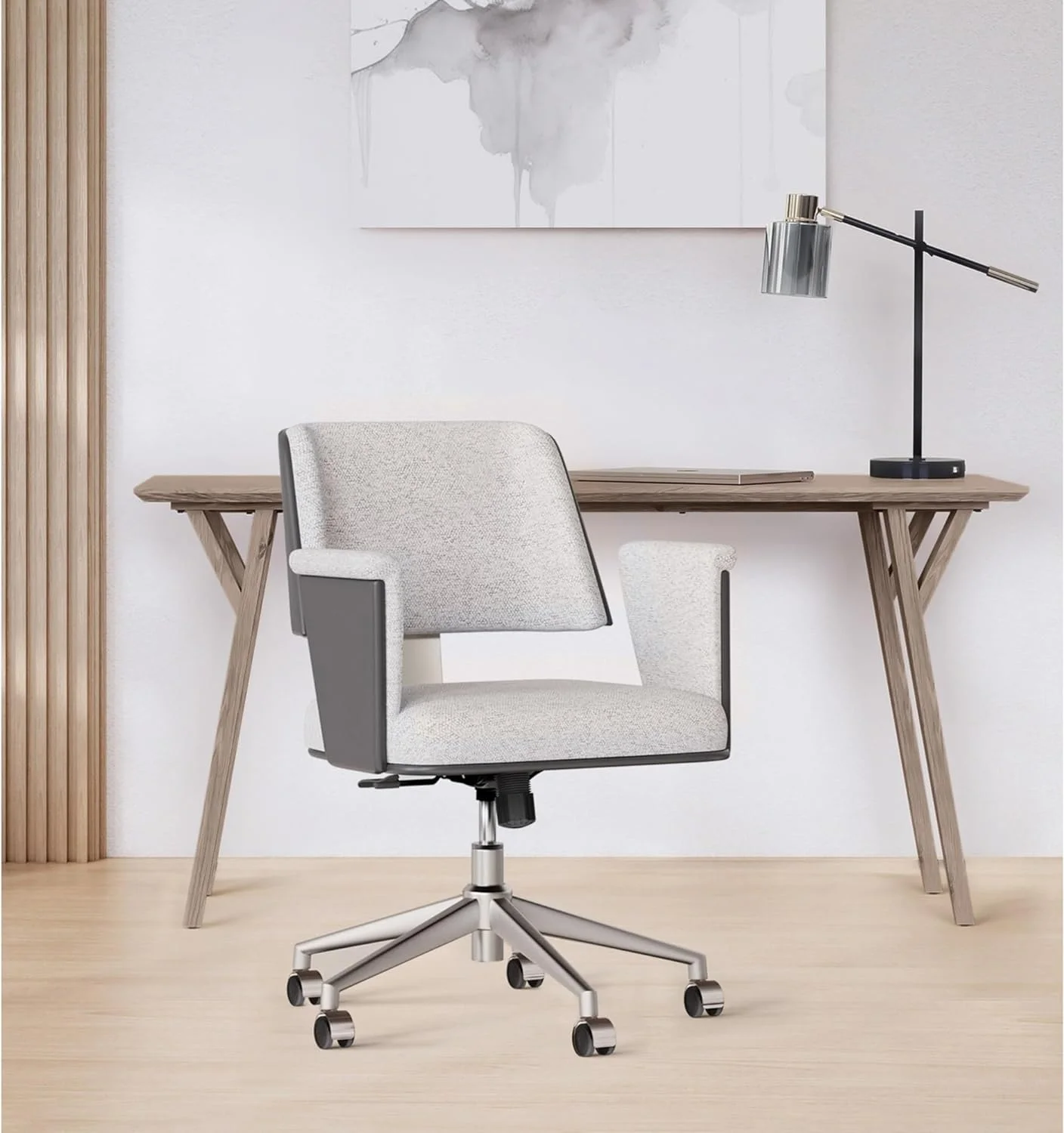 ® JOMA Comfort Picali Bouclé Fabric/Vegan Leather Low-Back Task Chair  White Stone/Gray/Brushed Nickel  BIFMA Compliant