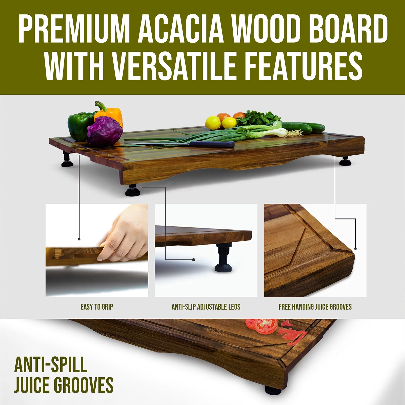 Cucina Green 30 inches Noodle Board, Cutting Board, Stove Top Cover, Charcuterie, Acacia Wood Adjustable Legs