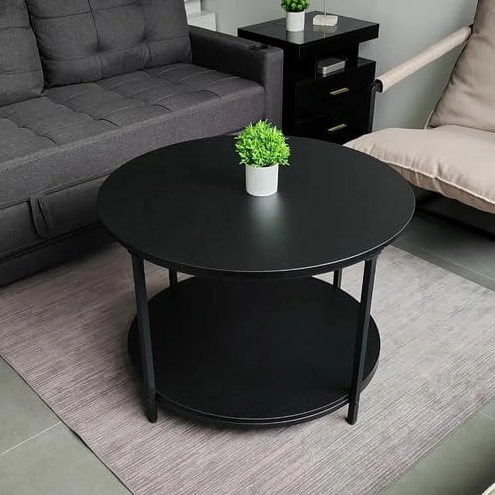 Round Coffee Tables Living Room  31.5 inch 2-Tier Rustic Wood Desktop & Sturdy Metal Legs  Mid Century Modern Circle Coffee Tables with  Open Shelf