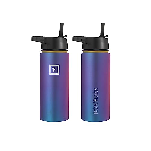 IRON °FLASK Camping & Hiking Hydration Flask with 3 Lids - Stainless Steel, Double Walled & Vacuum Insulated Water Bottle - Leak Proof & BPA Free (Midnight Black, Straw - 40 oz)