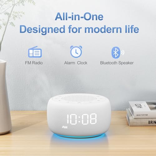 BUFFBEE Bluetooth Speaker Alarm Clock with FM Radio - High Fidelity Sound, Full Range Dimmer, Plugged in Alarm Clock Radio for Bedroom