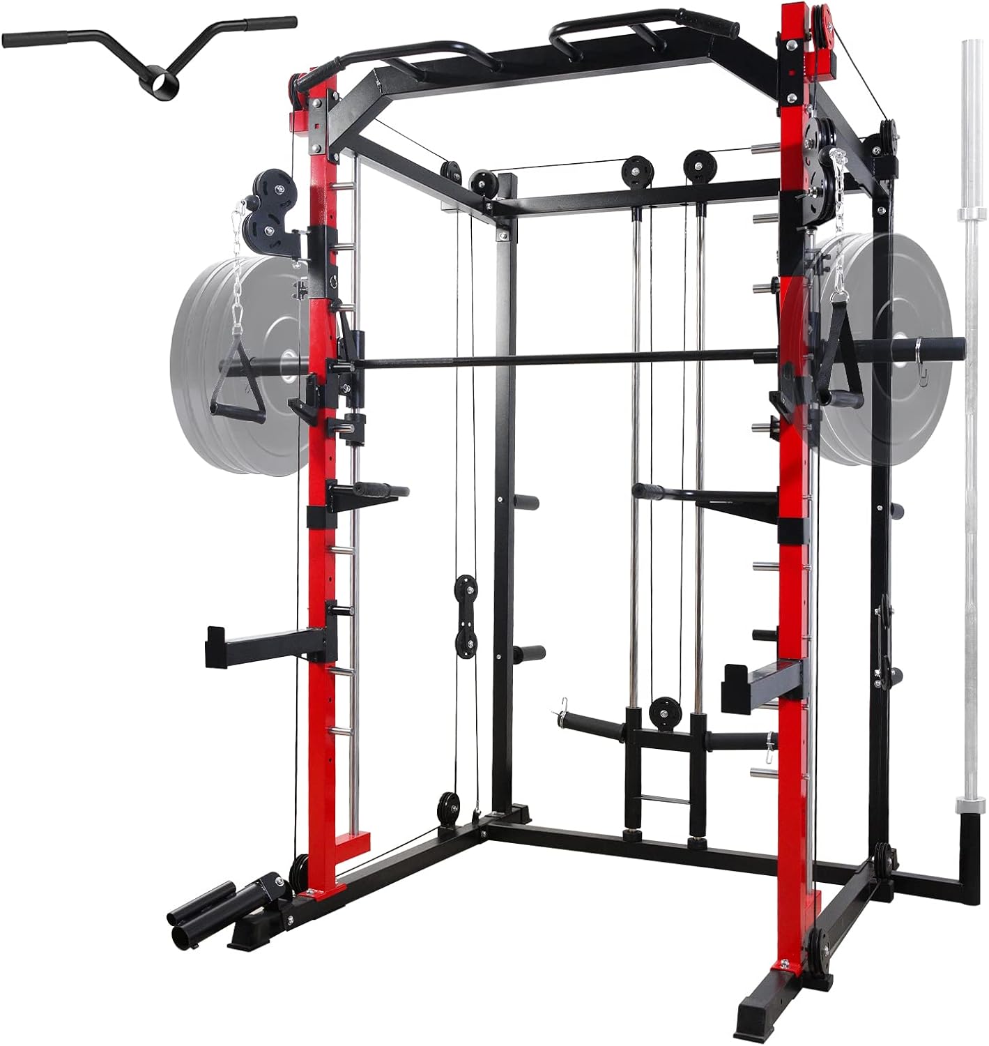 Mikolo Smith Machine, Multi-Functional Power Cage with LAT Pulldown System, Weight Cage Squat Rack with Weight Bar, Landmine, Dip Bars, T-Bar and Other Attachements (2022 Version)