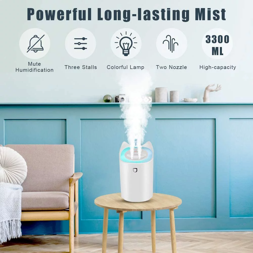 Cool Mist Humidifier,3L Large Water Tank Humidifier For Bedroom,Whisper Quiet Air humidifier with 2 Nozzle,3 Mist Modes Baby Humidifier Lasts Up to 24 Hours,Automatic Shut-Off and Night Light Function