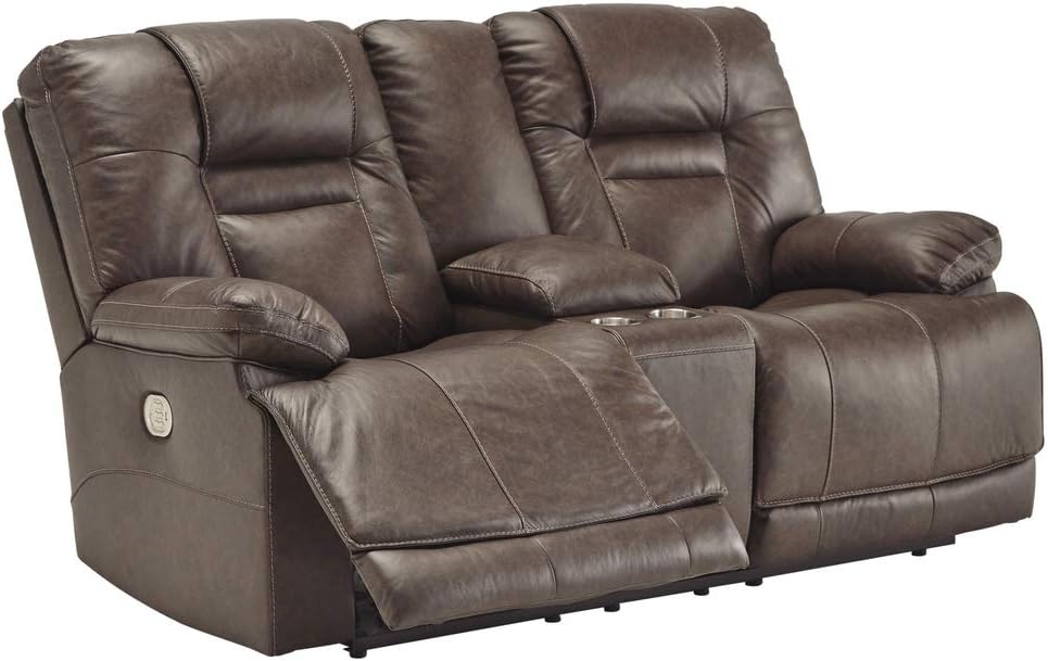 Signature Design by Ashley Wurstrow Leather Adjustable Dual Sided Power Reclining Loveseat with Console & USB Charging, Brown