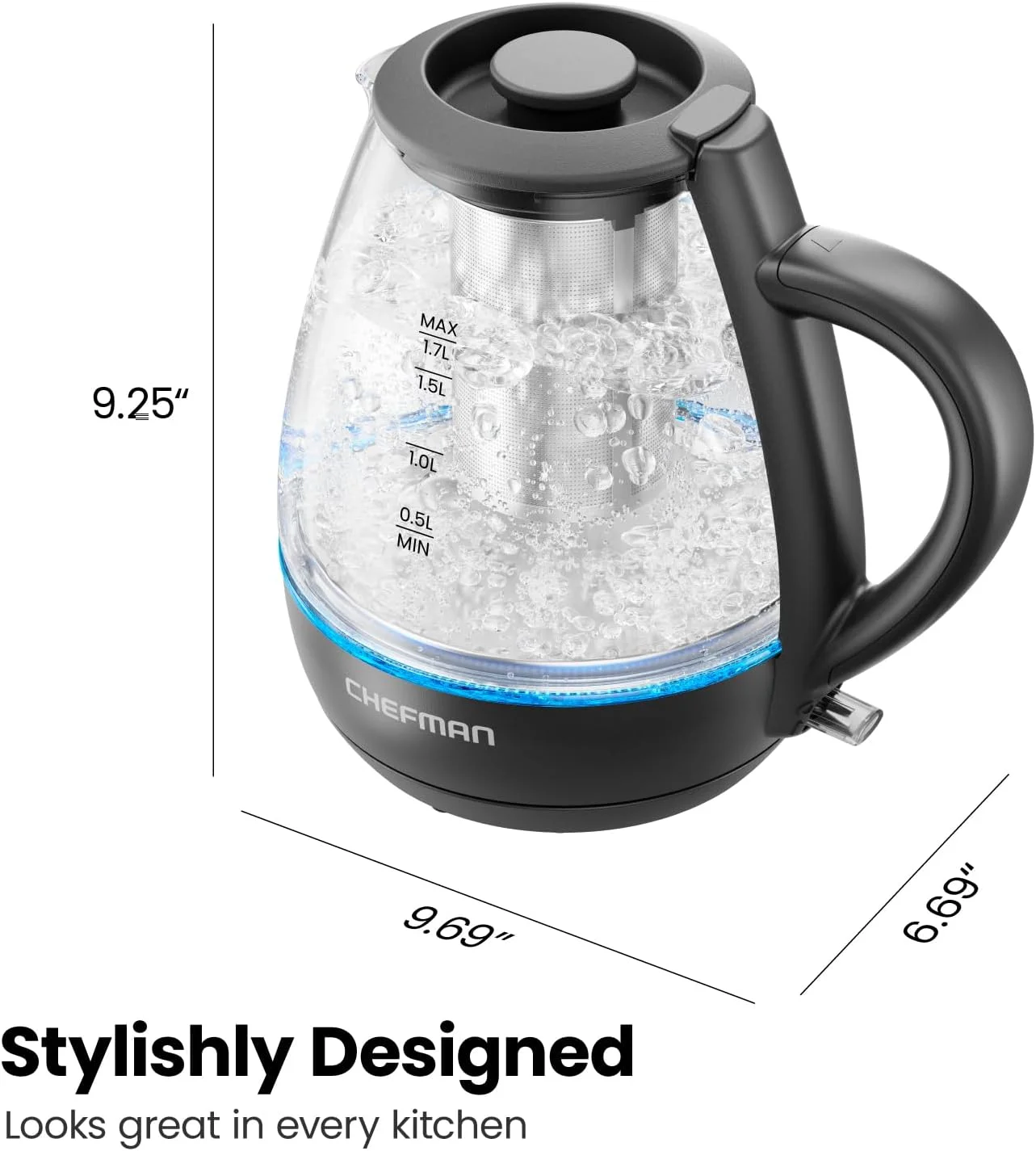 Chefman Fast Boil 1.7L Electric Glass Kettle w/ Tea Infuser, Removable Lid - Black, New