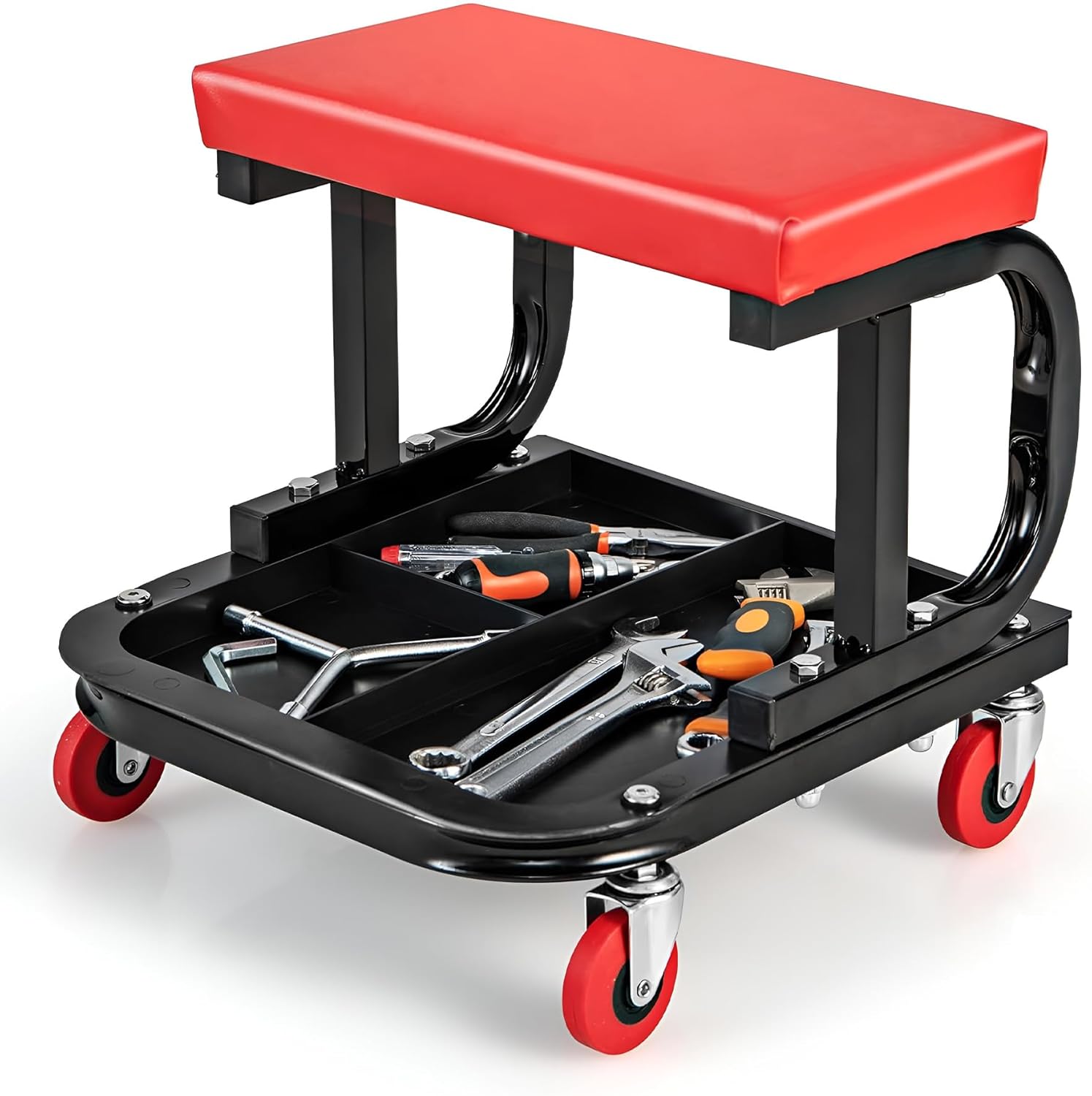 New Garage Roller Seat, Car Creeper Seat with Tool Tray Storage for Garages, Repair Shops, Heavy Duty Garage Floor Creeper, Padded Mechanic Roller Seat Gifts, 250 LBS Capacity, Black/Red.