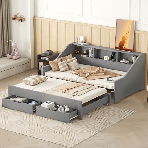 Merax Twin to King Daybed with Storage Bookcases and Two Drawers, Wood Bed Frame with Trundle and USB Charging Design for Bedroom, Guest Room, No Box Spring Needed, White