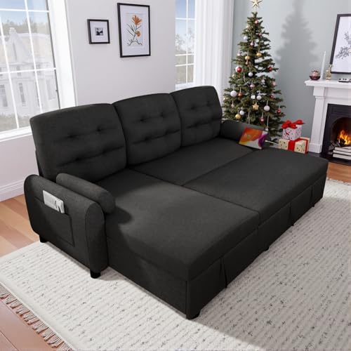 Sleeper Sofa, Sofa Bed with Pullout Bed, 2 in 1 Sleeper Sofa Couch with Reversible Storage Chaise, Charging Station, Sectional Couch for Living Room, Apartment (Grey)