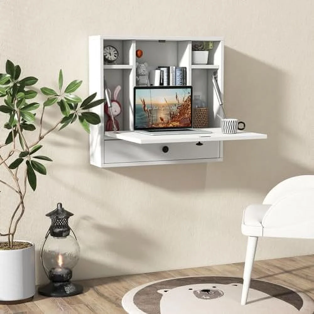 HJNIUNIU Wall Mounted Desk  Multi- Floating Desk Wall Mount Laptop Desk  Space Saving Wall Mounted Table Wall Desk with  Drawer and Shelves (Black)