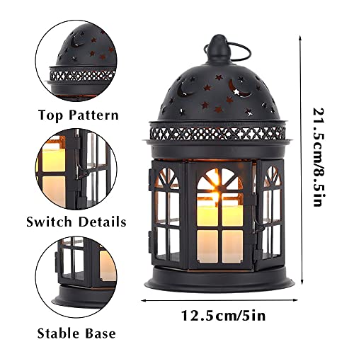 JHY DESIGN Set of 2 Decorative Lanterns-8.5inch High Vintage Style Hanging Lantern Metal Candle Holder for Indoor Outdoor Events Parities and Weddings (Black)